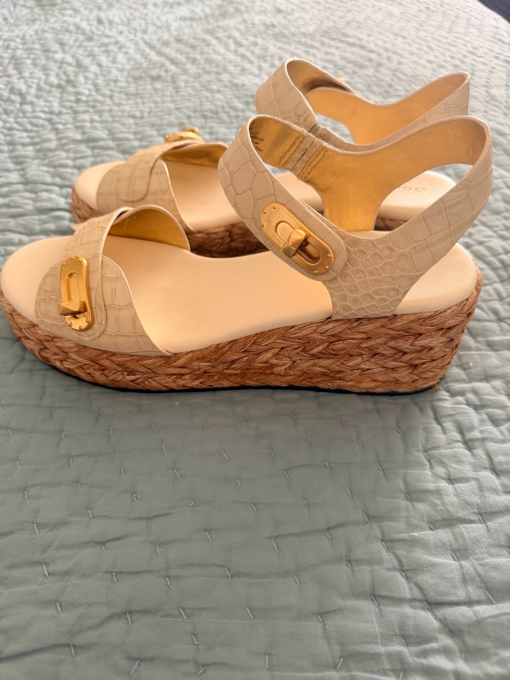 Beige Croc-Embossed Platform Wedge Sandals with Gold Hardware